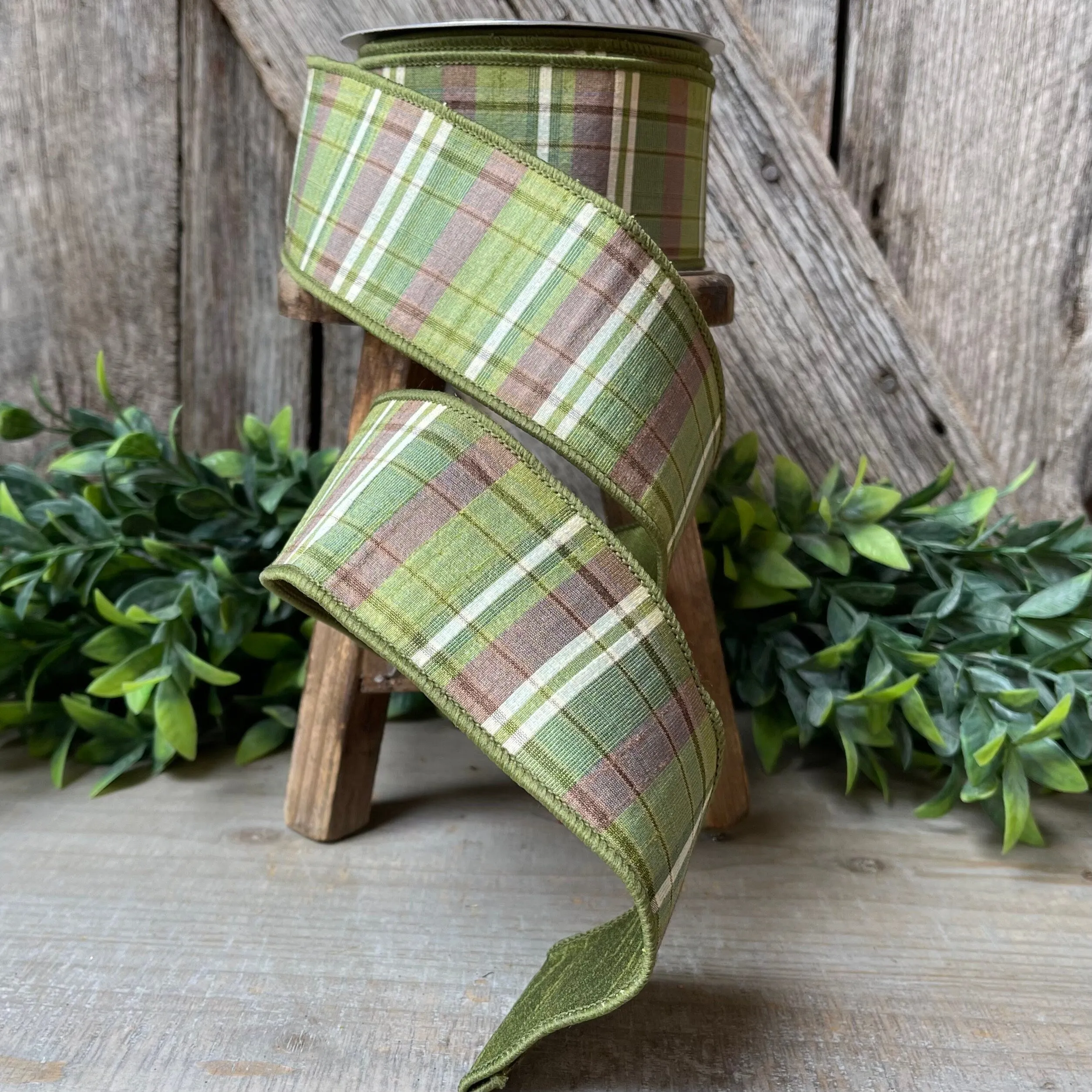 2.5" Green Moss and Brown Fall Plaid Ribbon, Woodsey Fall Ribbon