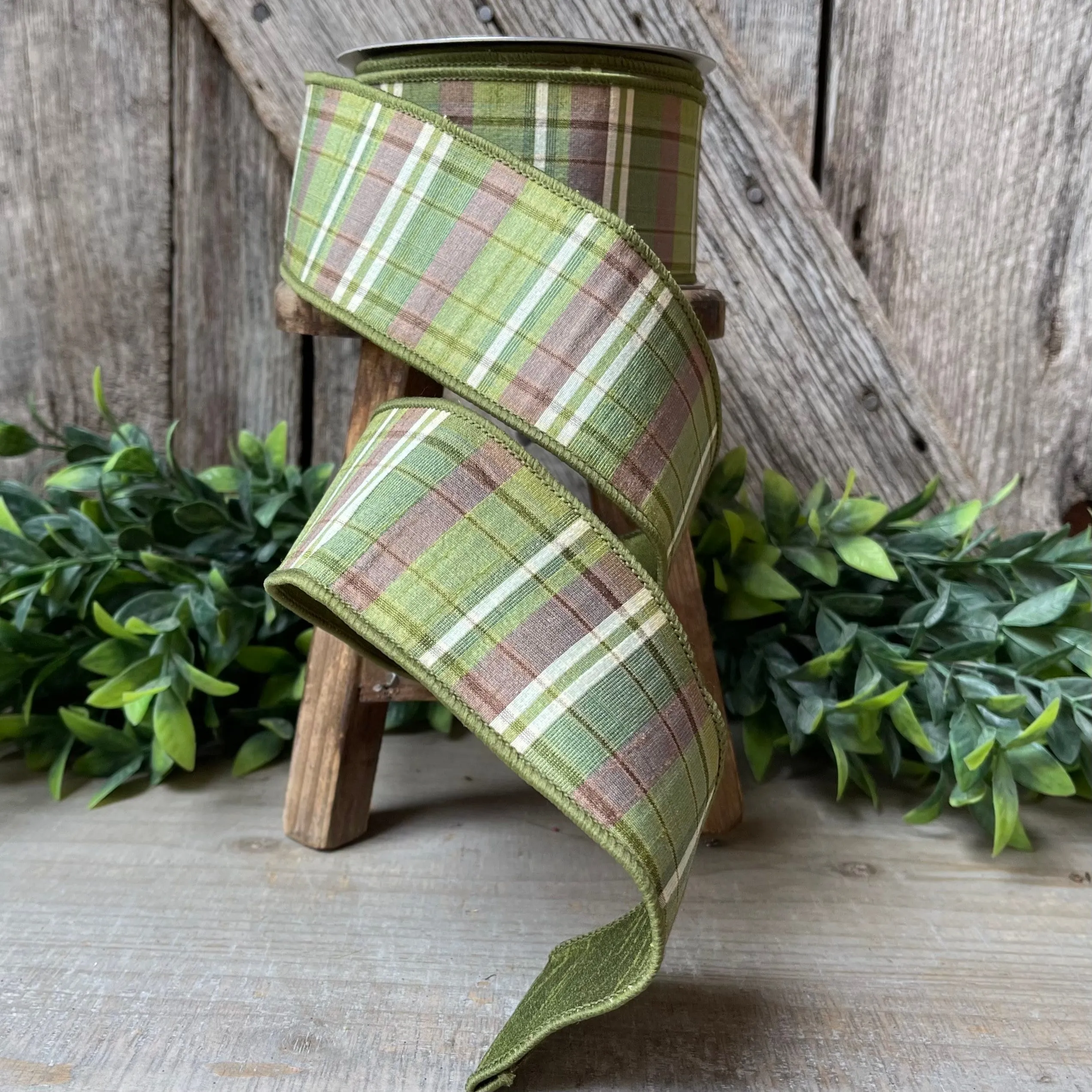 2.5" Green Moss and Brown Fall Plaid Ribbon, Woodsey Fall Ribbon