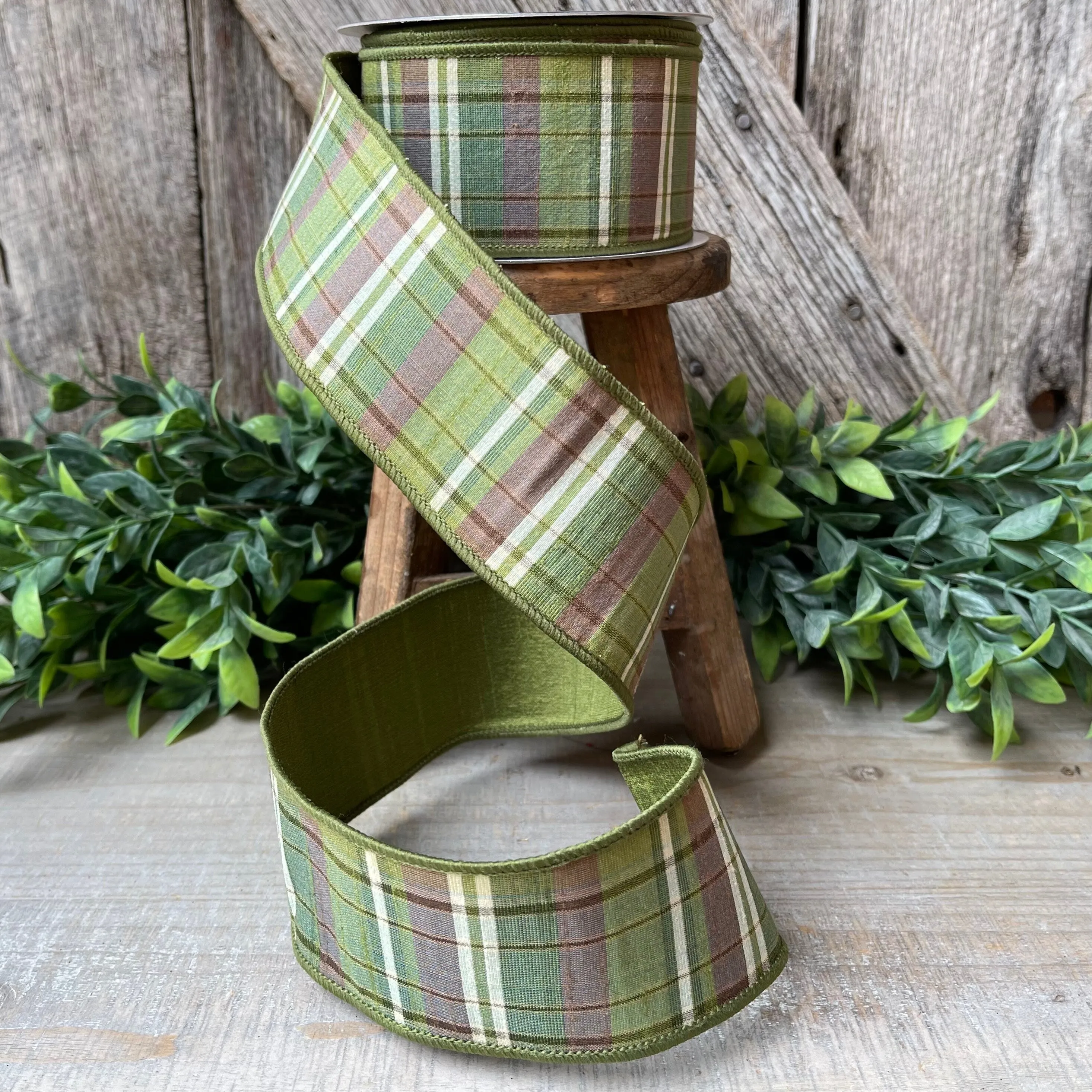 2.5" Green Moss and Brown Fall Plaid Ribbon, Woodsey Fall Ribbon