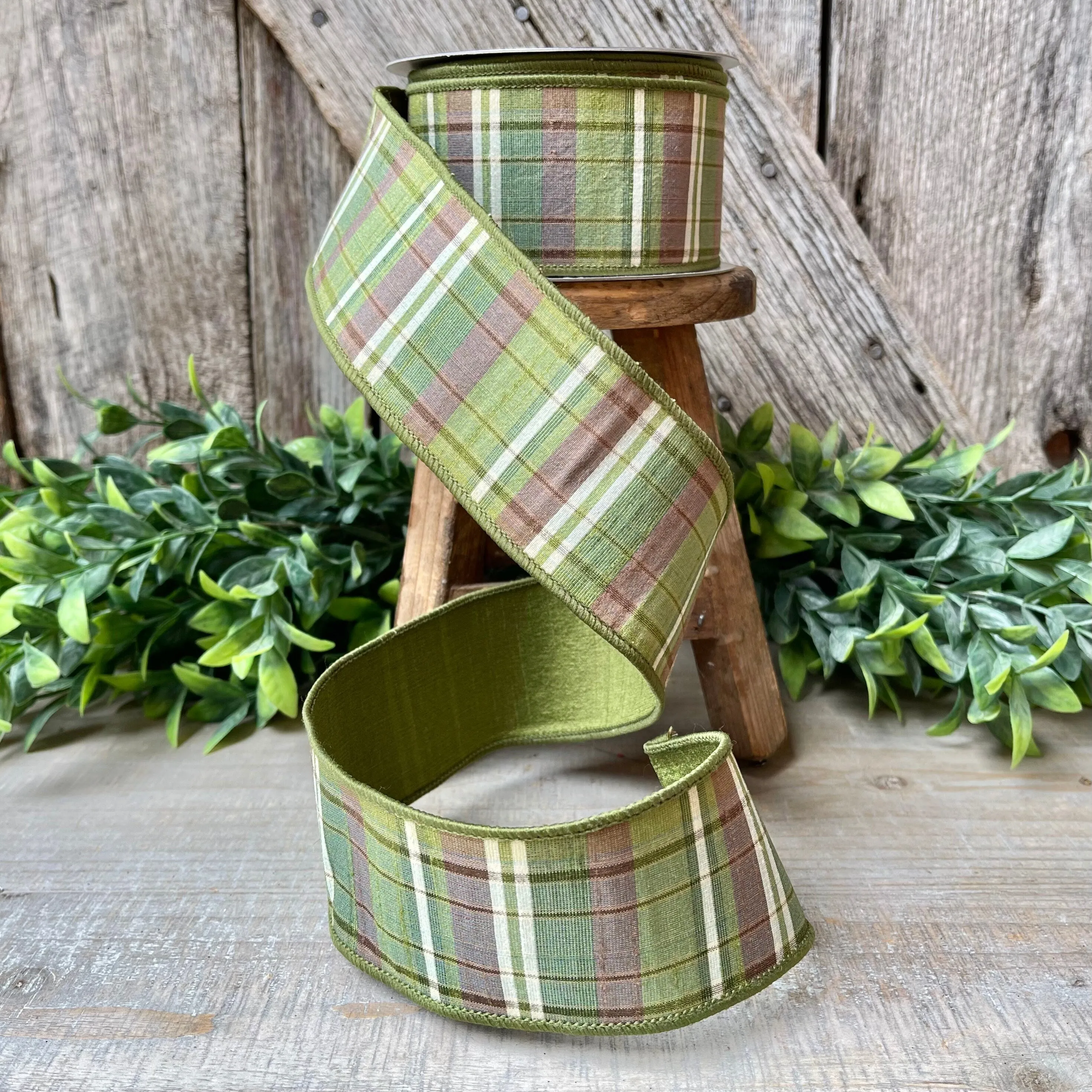 2.5" Green Moss and Brown Fall Plaid Ribbon, Woodsey Fall Ribbon