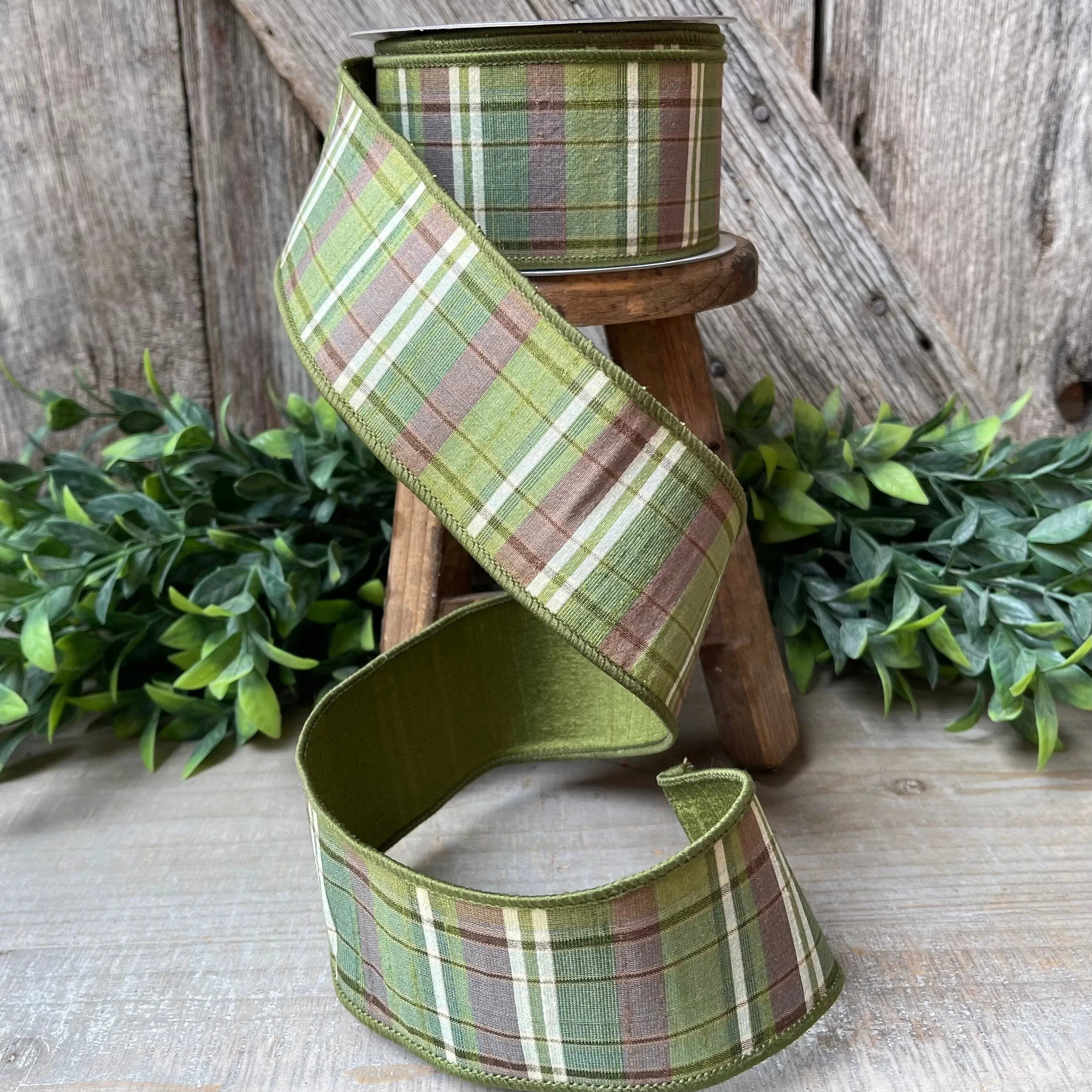 2.5" Green Moss and Brown Fall Plaid Ribbon, Woodsey Fall Ribbon