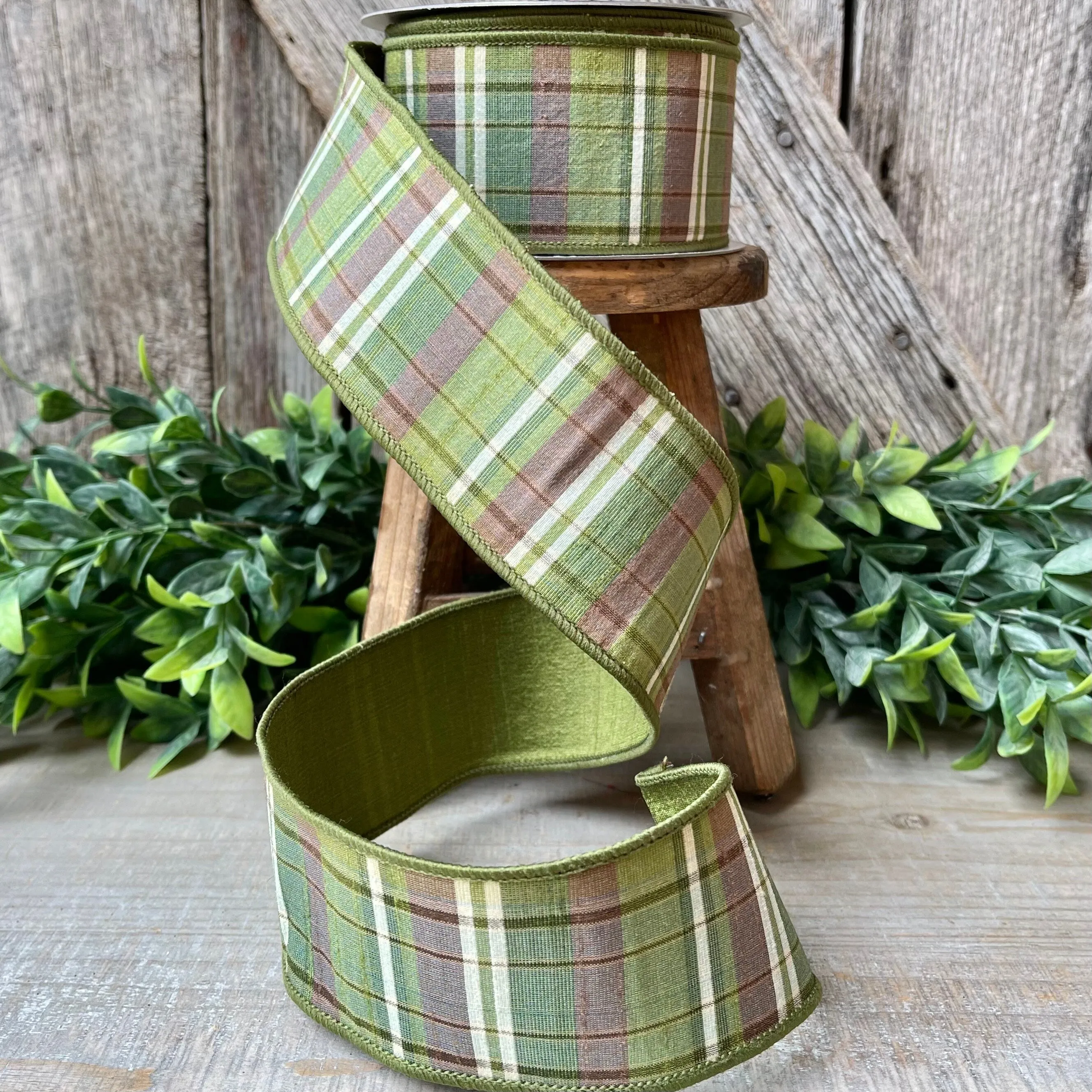 2.5" Green Moss and Brown Fall Plaid Ribbon, Woodsey Fall Ribbon