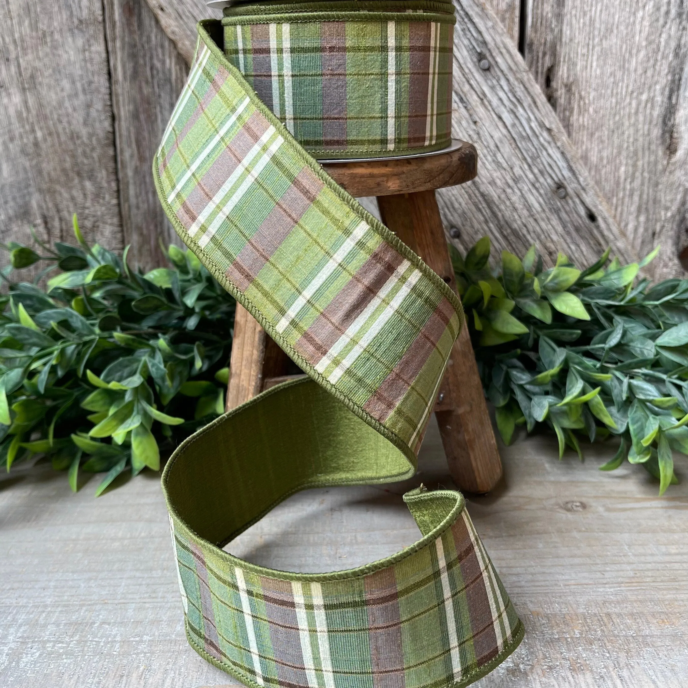 2.5" Green Moss and Brown Fall Plaid Ribbon, Woodsey Fall Ribbon