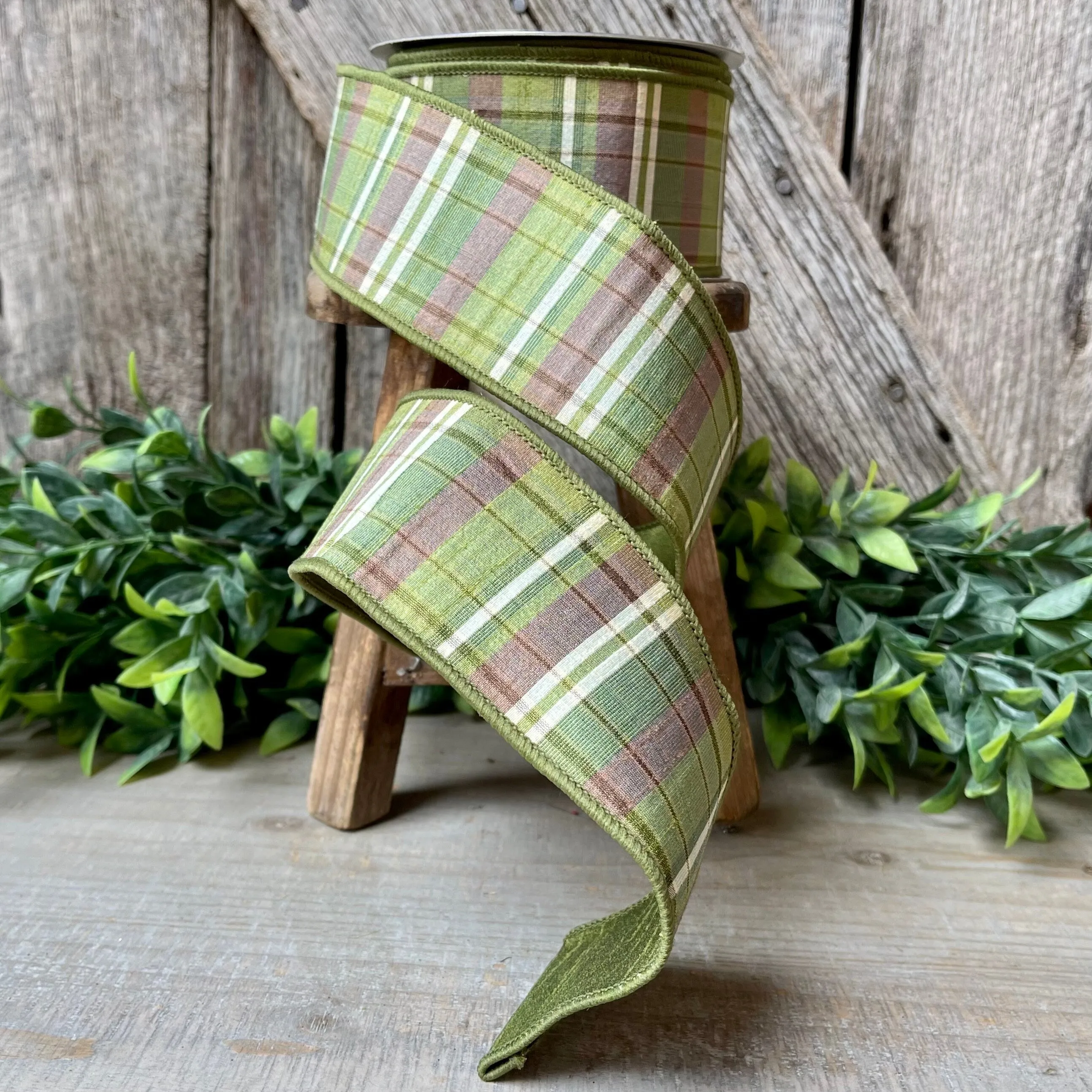 2.5" Green Moss and Brown Fall Plaid Ribbon, Woodsey Fall Ribbon