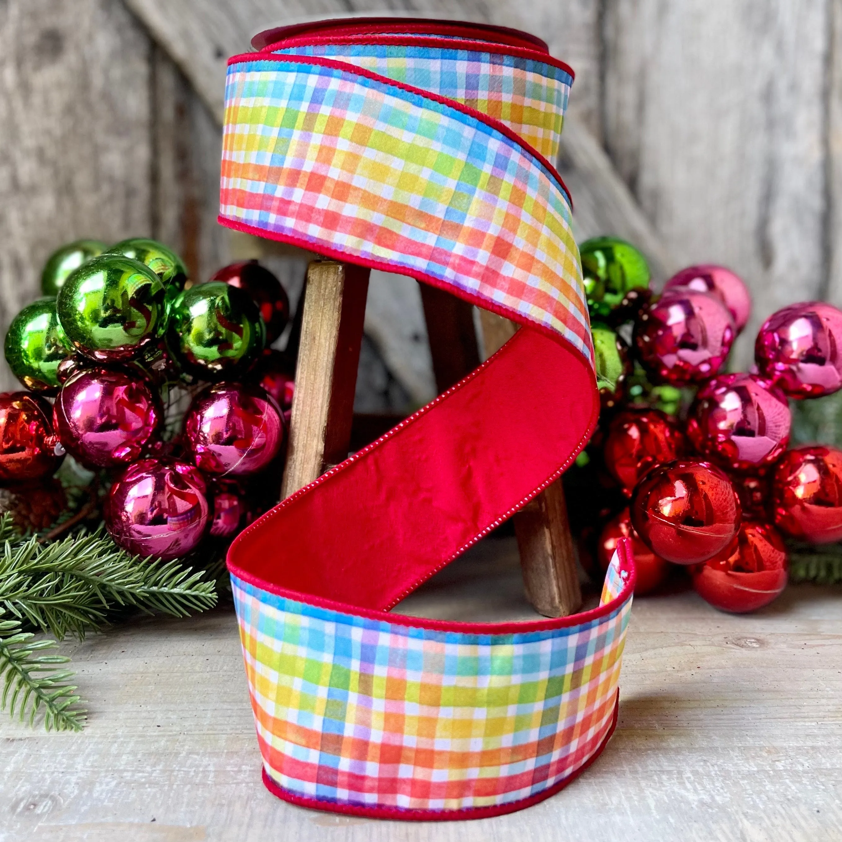 2.5" Rainbow Plaid Ribbon, Christmas Ribbon