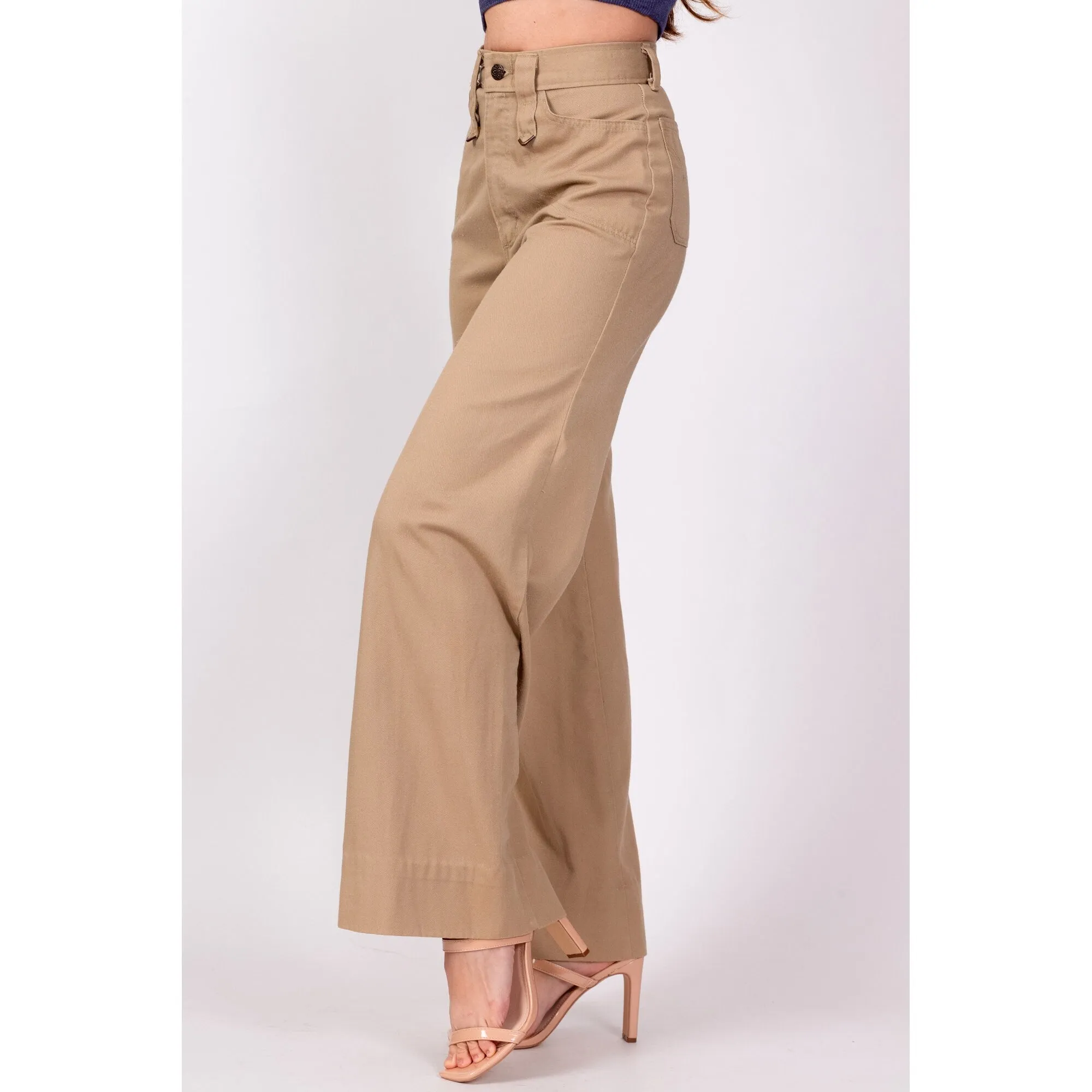 70s High Waisted Khaki Twill Flared Pants - Extra Small, 24"