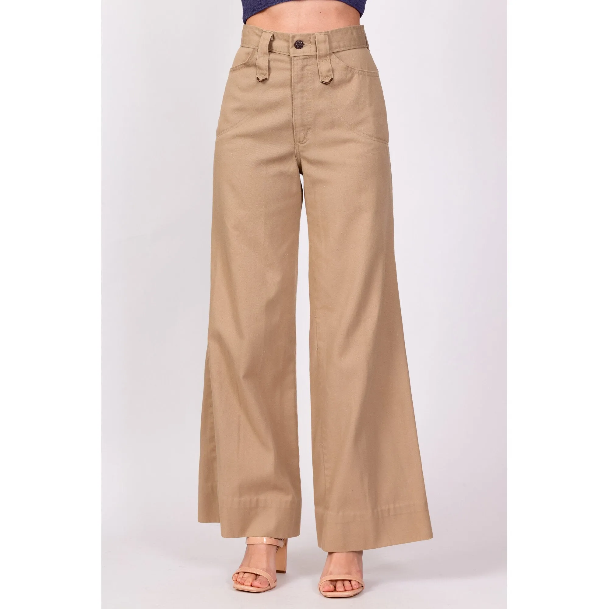 70s High Waisted Khaki Twill Flared Pants - Extra Small, 24"