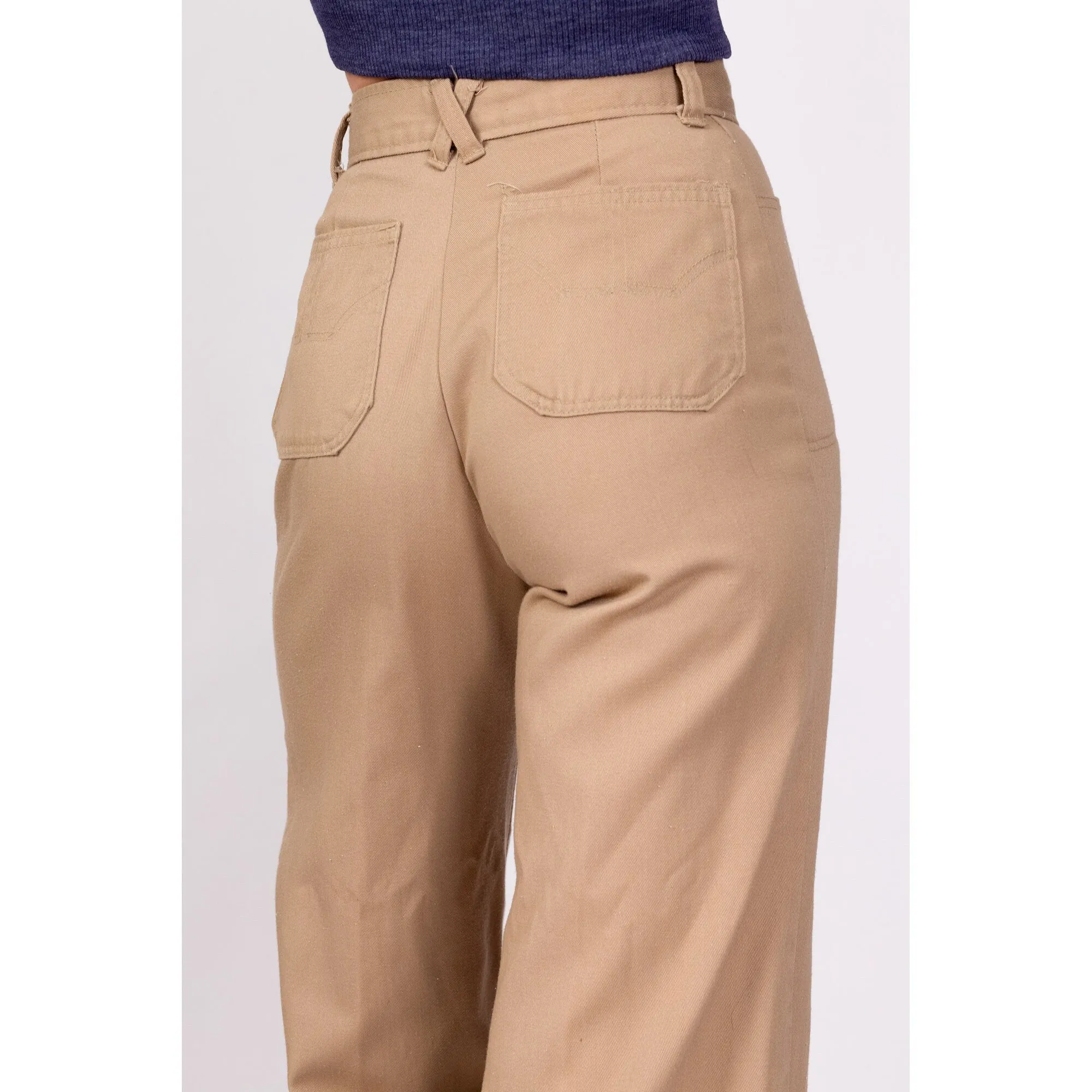 70s High Waisted Khaki Twill Flared Pants - Extra Small, 24"