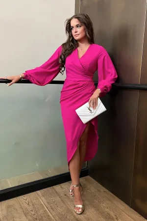 Alexa Magenta Pink Asymmetric Long Sleeve Dress