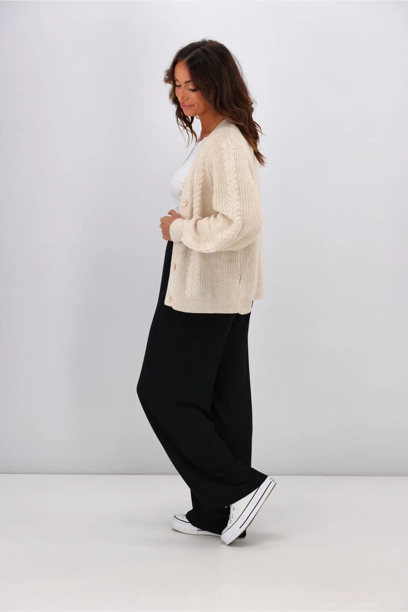 Alpine By Shine On Camille Merino Cable Knit Cardigan Oatmeal