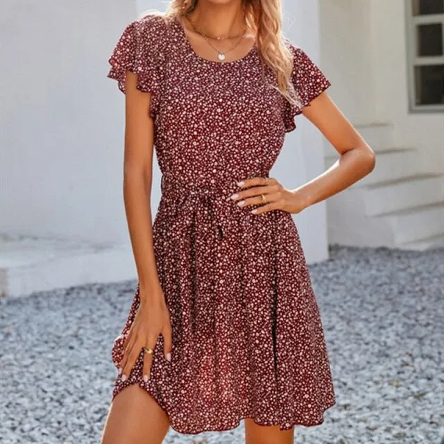 Amy Fashion - Boho Floral Ruffle Short Mini Dress