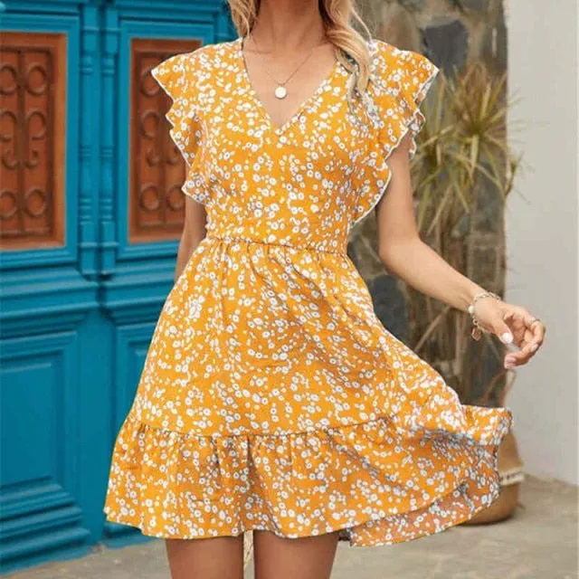 Amy Fashion - Boho Floral Ruffle Short Mini Dress