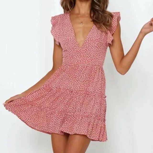 Amy Fashion - Boho Floral Ruffle Short Mini Dress