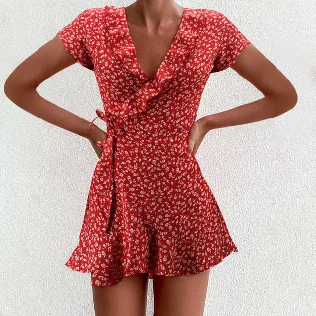 Amy Fashion - Boho Floral Ruffle Short Mini Dress