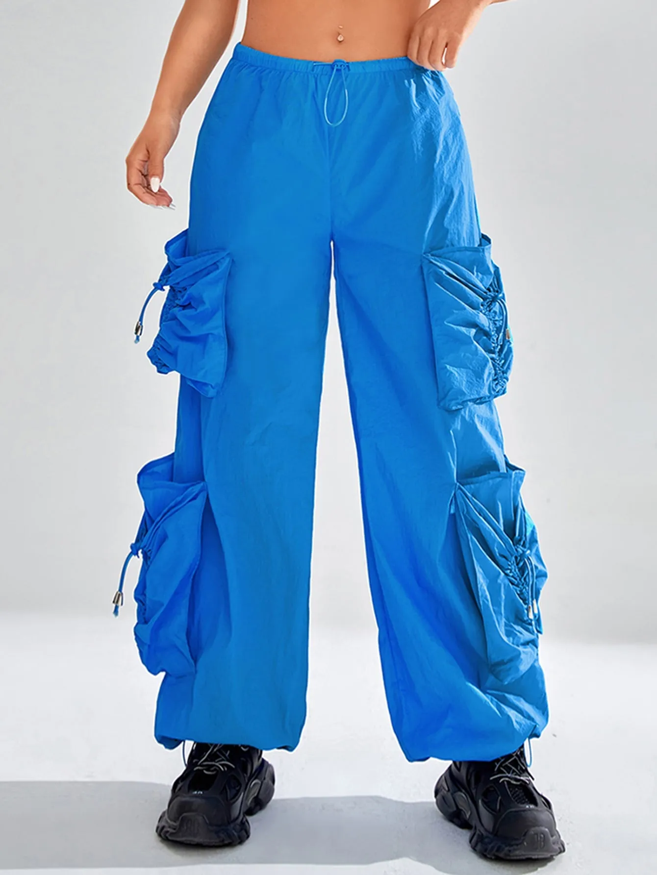 Amy Fashion - Drawstring Waist Flap Pocket Parachute Cargo Pants