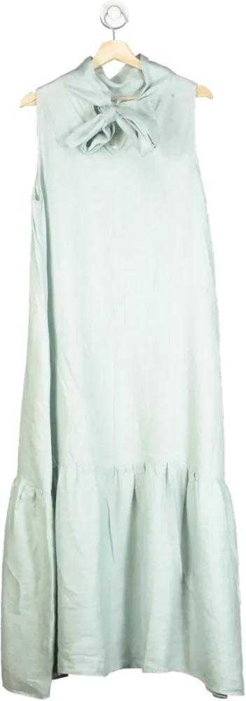 Asceno Oslo Ice Blue Organic Heavy Weave Linen Maxi Dress In Printed UK M