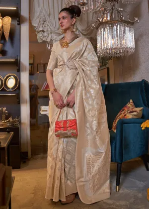 Awesome Off White Zari Weaving Linen Designer Saree