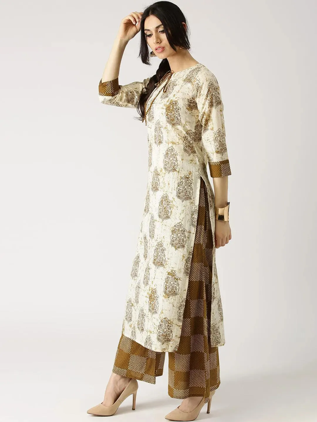 Beige Printed Cotton Straight Kurta With Palazzos