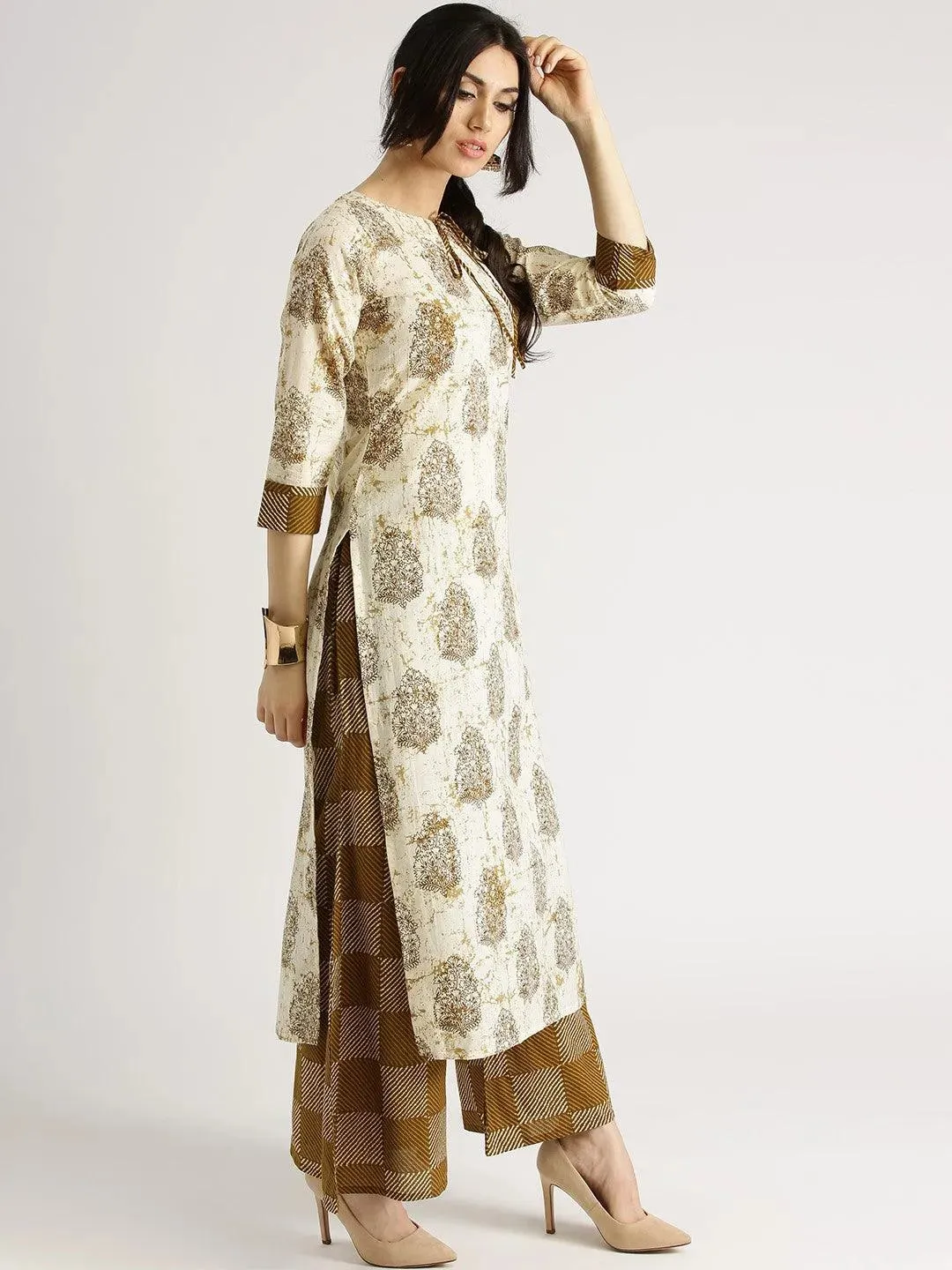 Beige Printed Cotton Straight Kurta With Palazzos