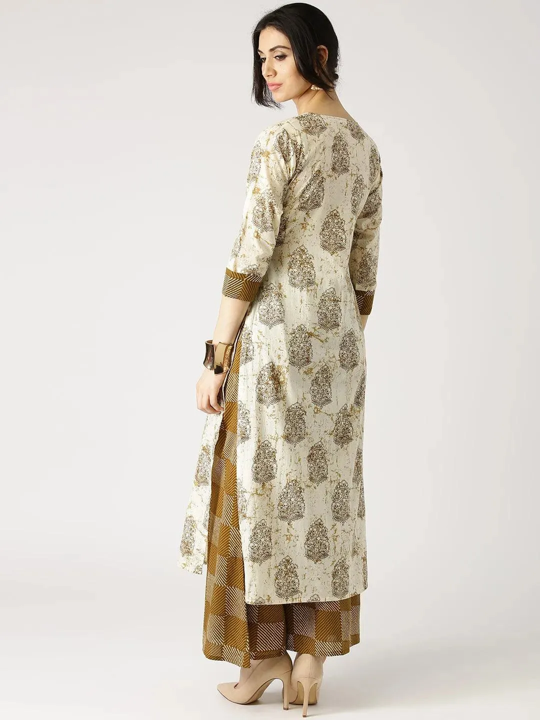 Beige Printed Cotton Straight Kurta With Palazzos