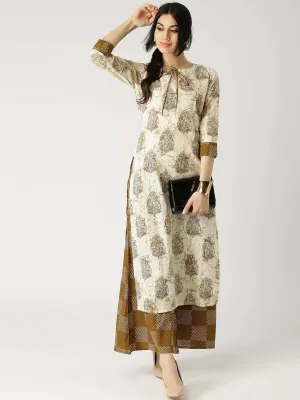 Beige Printed Cotton Straight Kurta With Palazzos