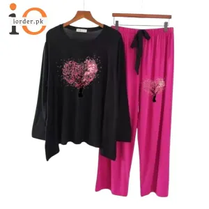 Black Magenta Tree Heart Printed Loungewear