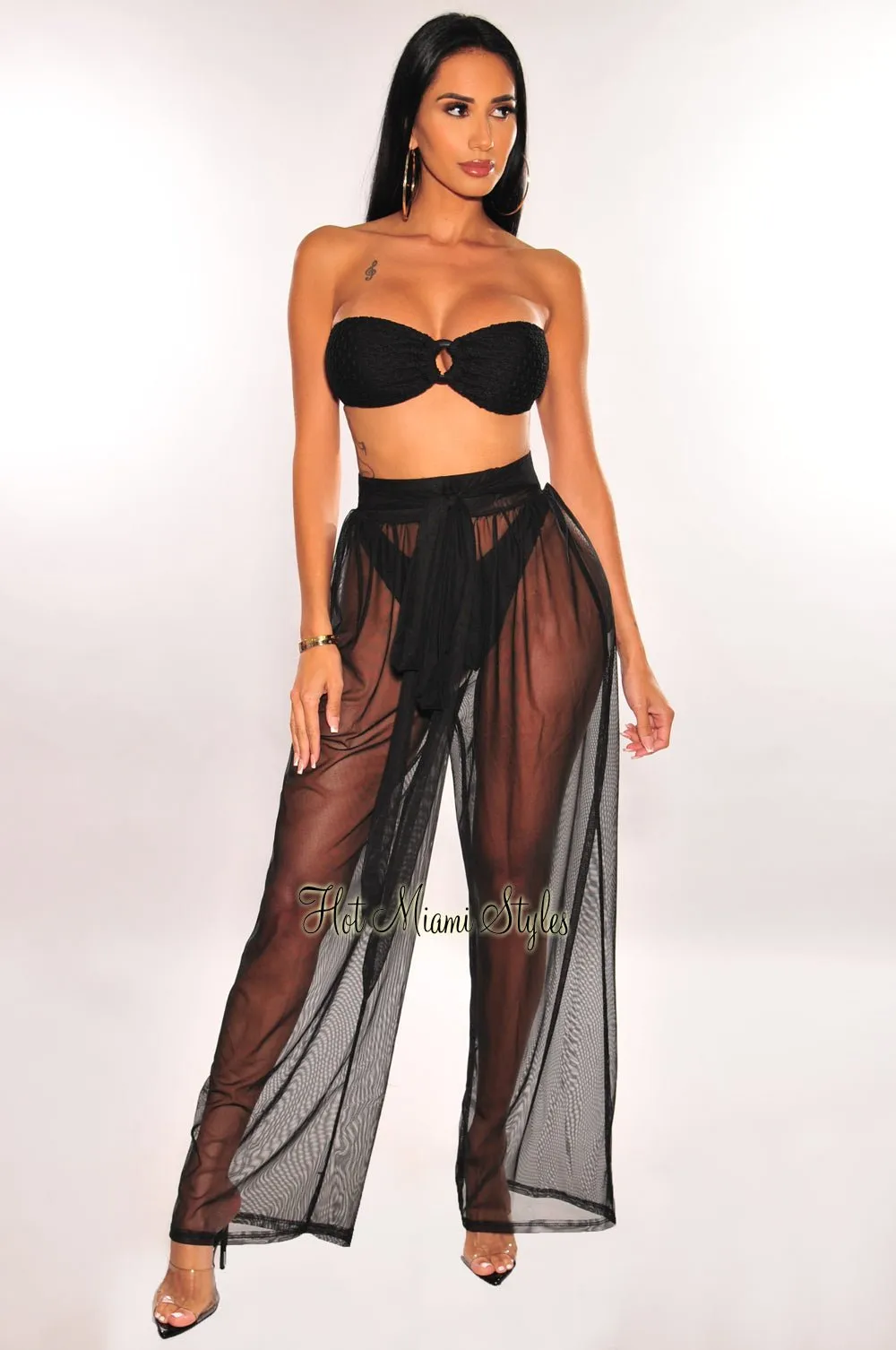 Black Mesh Sheer Belted High Waist Palazzo Pants Cover Up