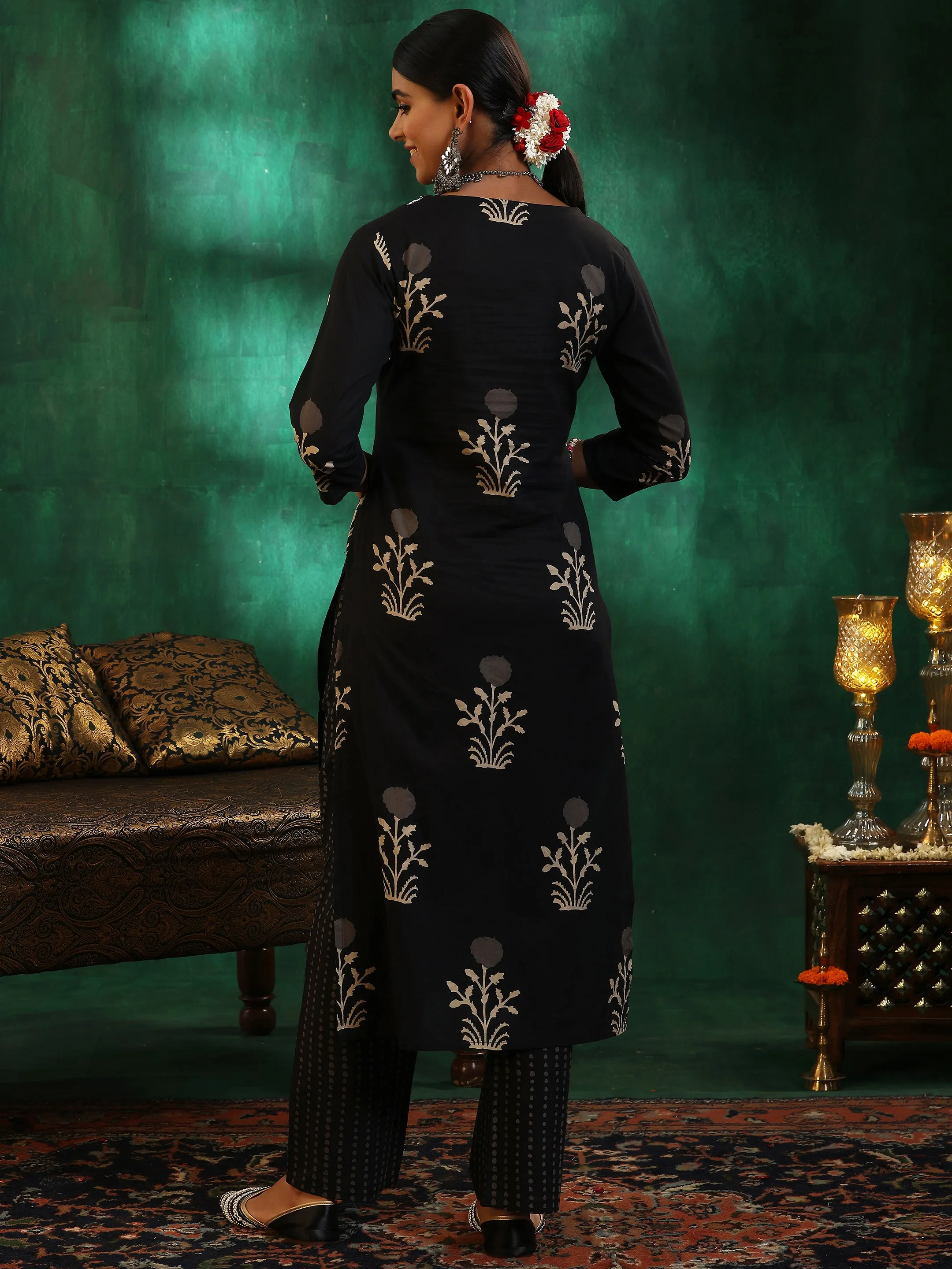 Black Printed Cotton Straight Kurta Set