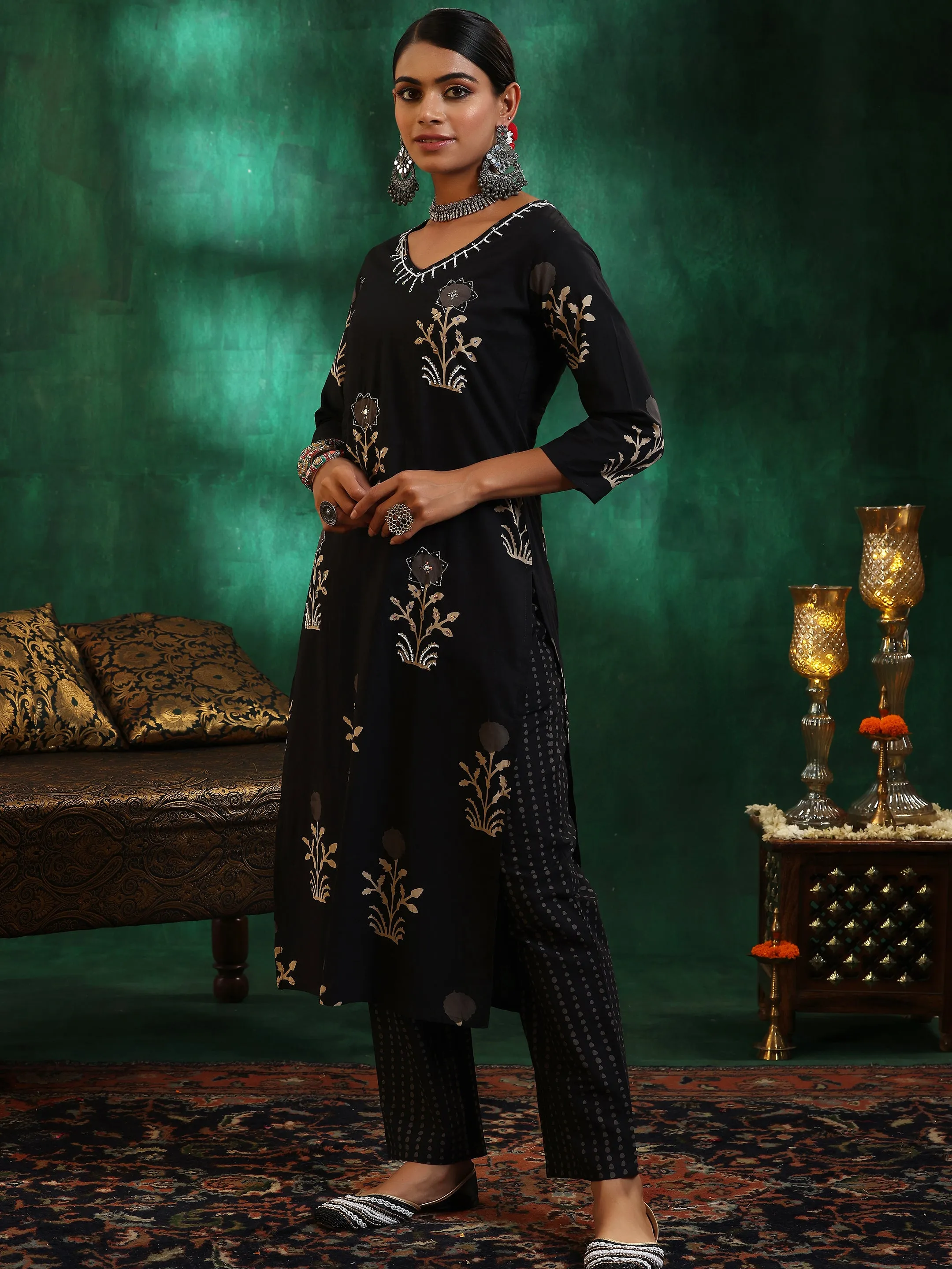 Black Printed Cotton Straight Kurta Set