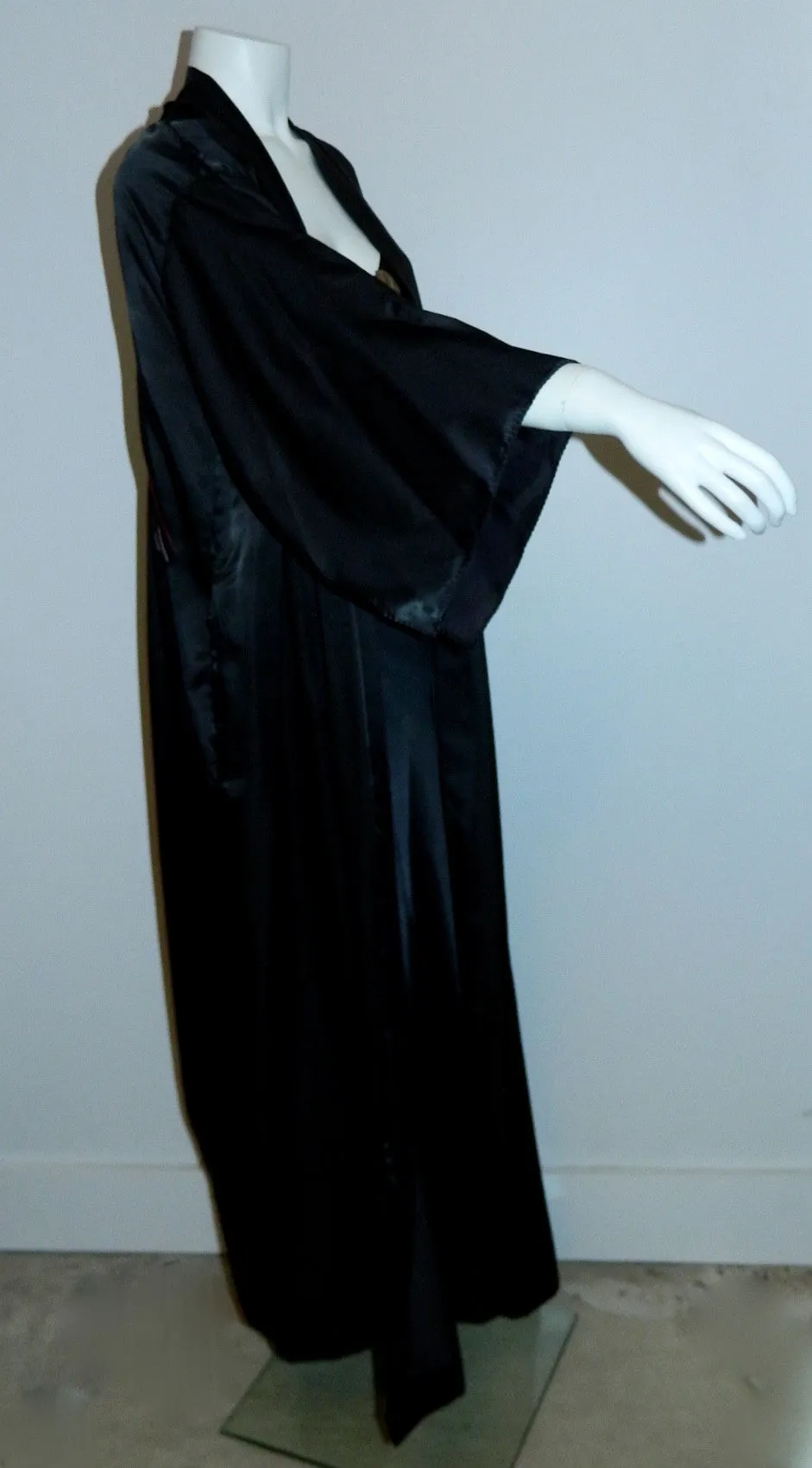 black satin Ora Feder nightgown robe peignoir set / hand embroidery / 1970s vintage