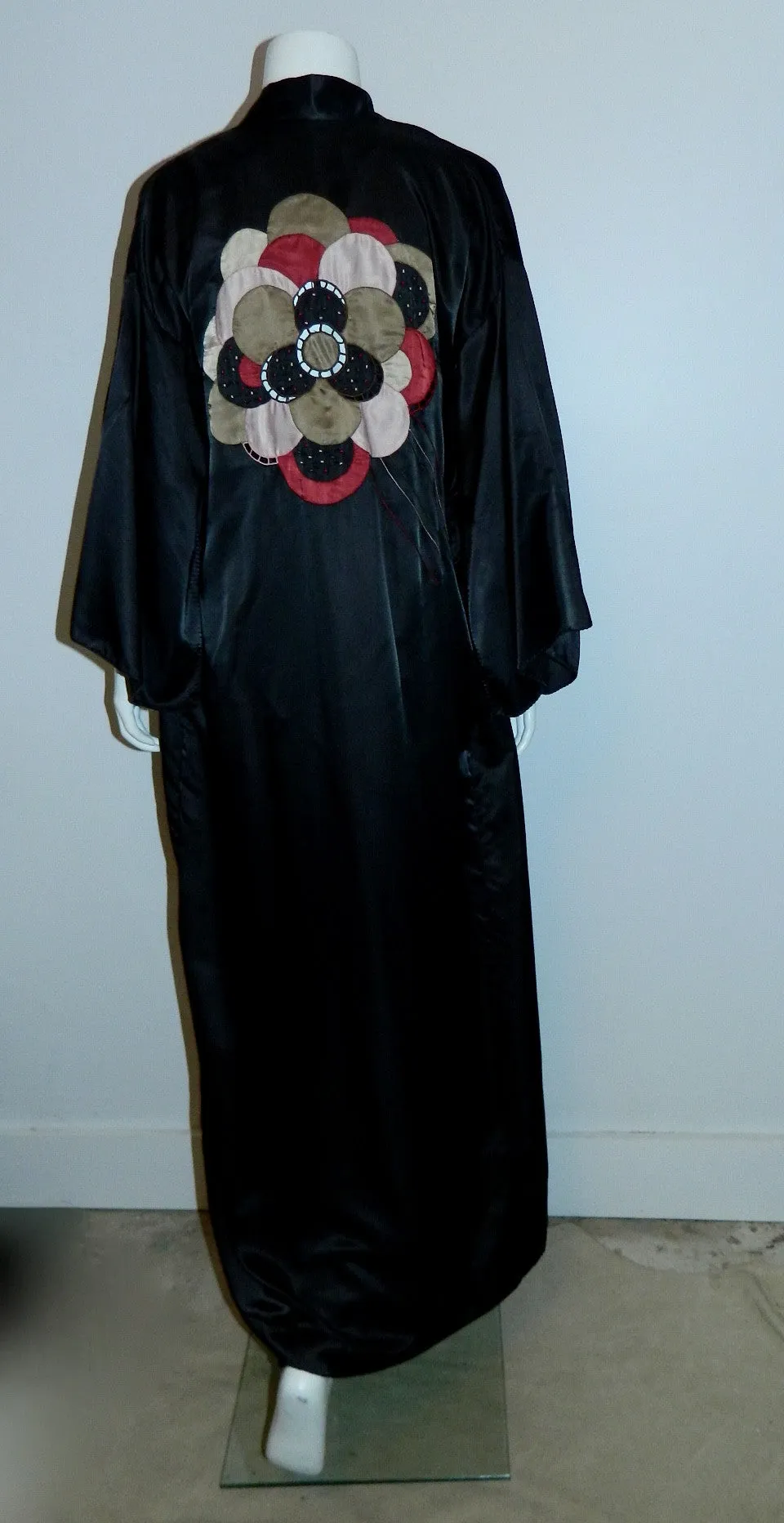 black satin Ora Feder nightgown robe peignoir set / hand embroidery / 1970s vintage