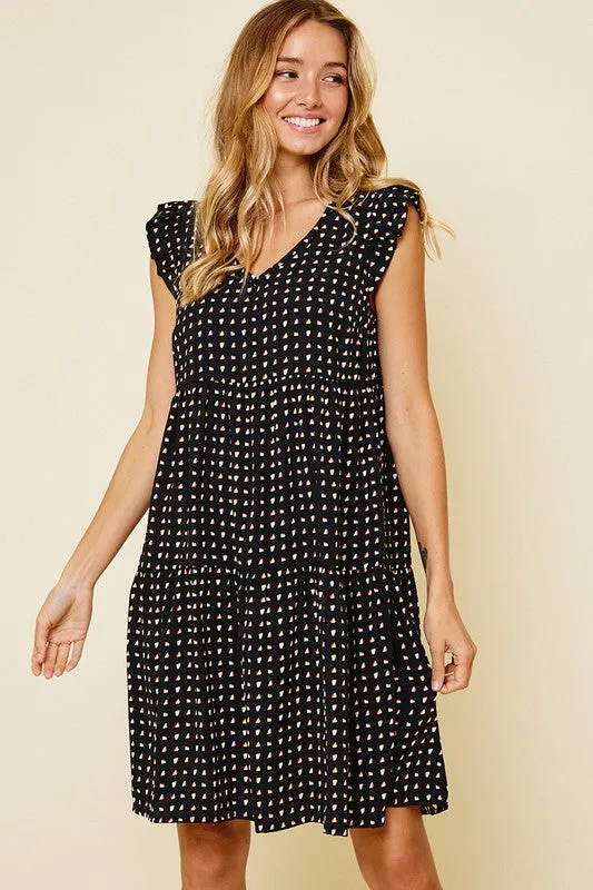 Black V-Neck Geometric Pattern Flutter Sleeve Dress