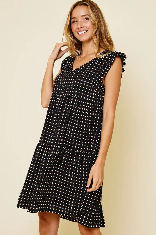 Black V-Neck Geometric Pattern Flutter Sleeve Dress