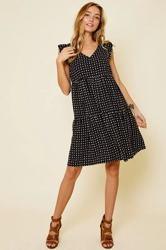 Black V-Neck Geometric Pattern Flutter Sleeve Dress