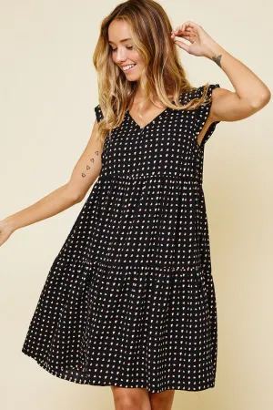 Black V-Neck Geometric Pattern Flutter Sleeve Dress