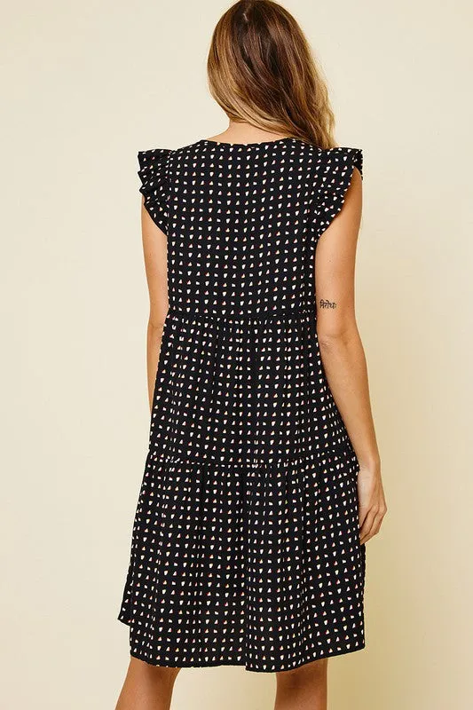 Black V-Neck Geometric Pattern Flutter Sleeve Dress