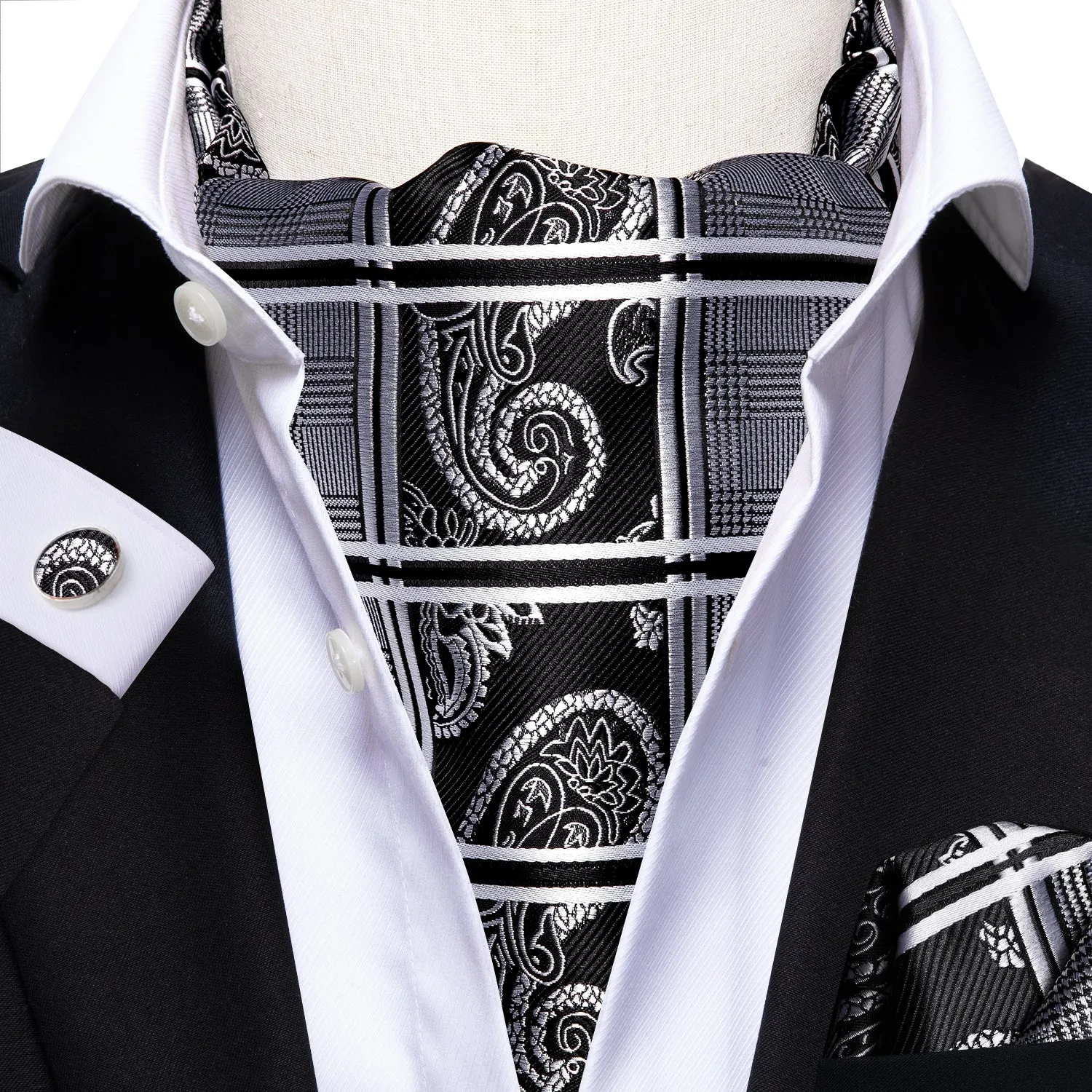 Black White Paisley Plaid Ascot Pocket Square Cufflinks Set