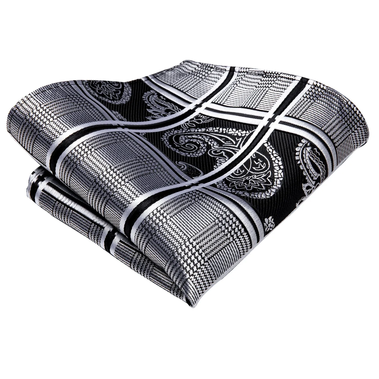 Black White Paisley Plaid Ascot Pocket Square Cufflinks Set