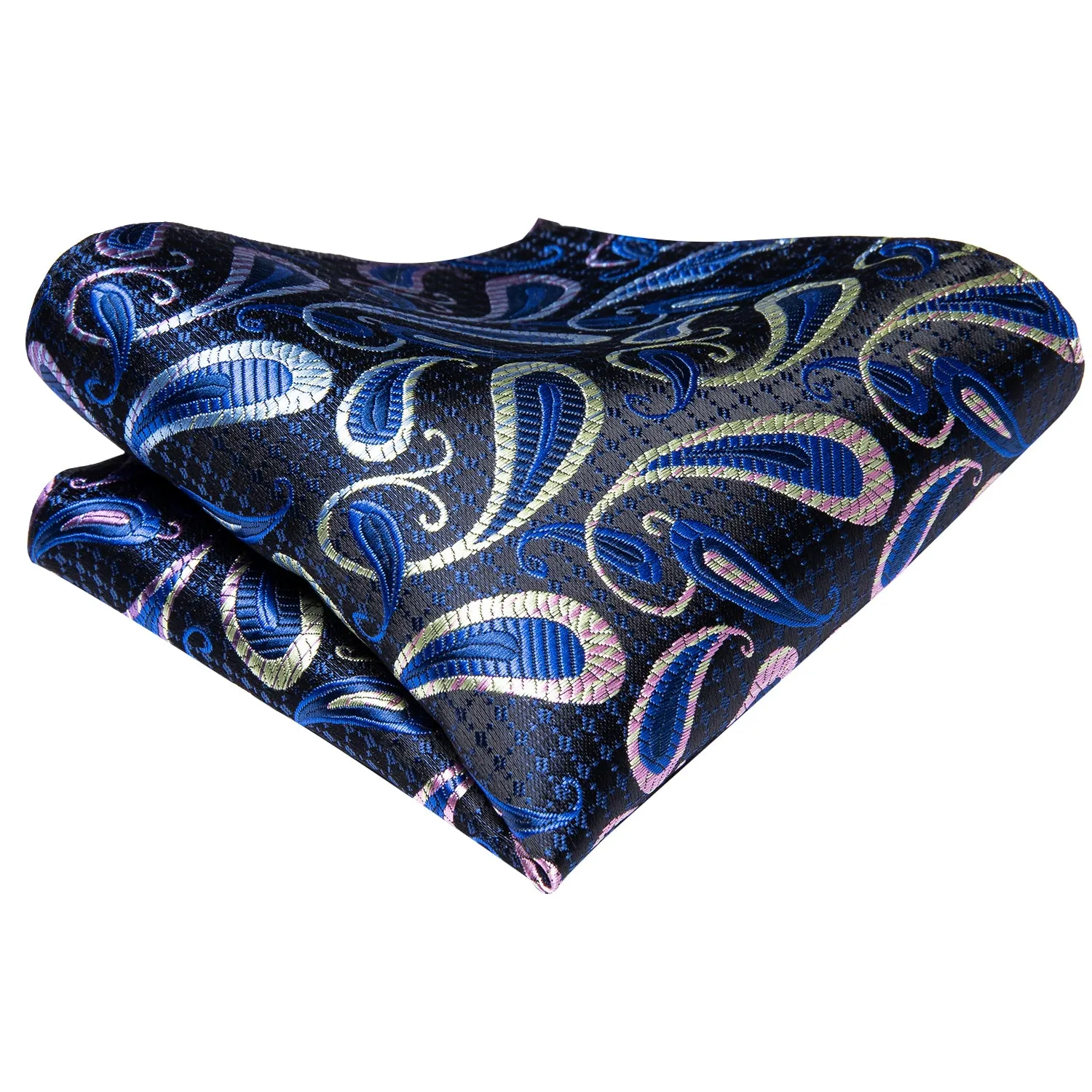 Blue Black Paisley Silk Ascot Pocket Square Cufflinks Set