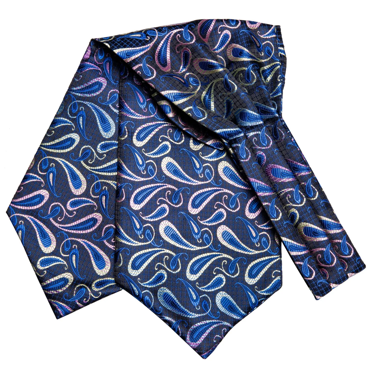 Blue Black Paisley Silk Ascot Pocket Square Cufflinks Set