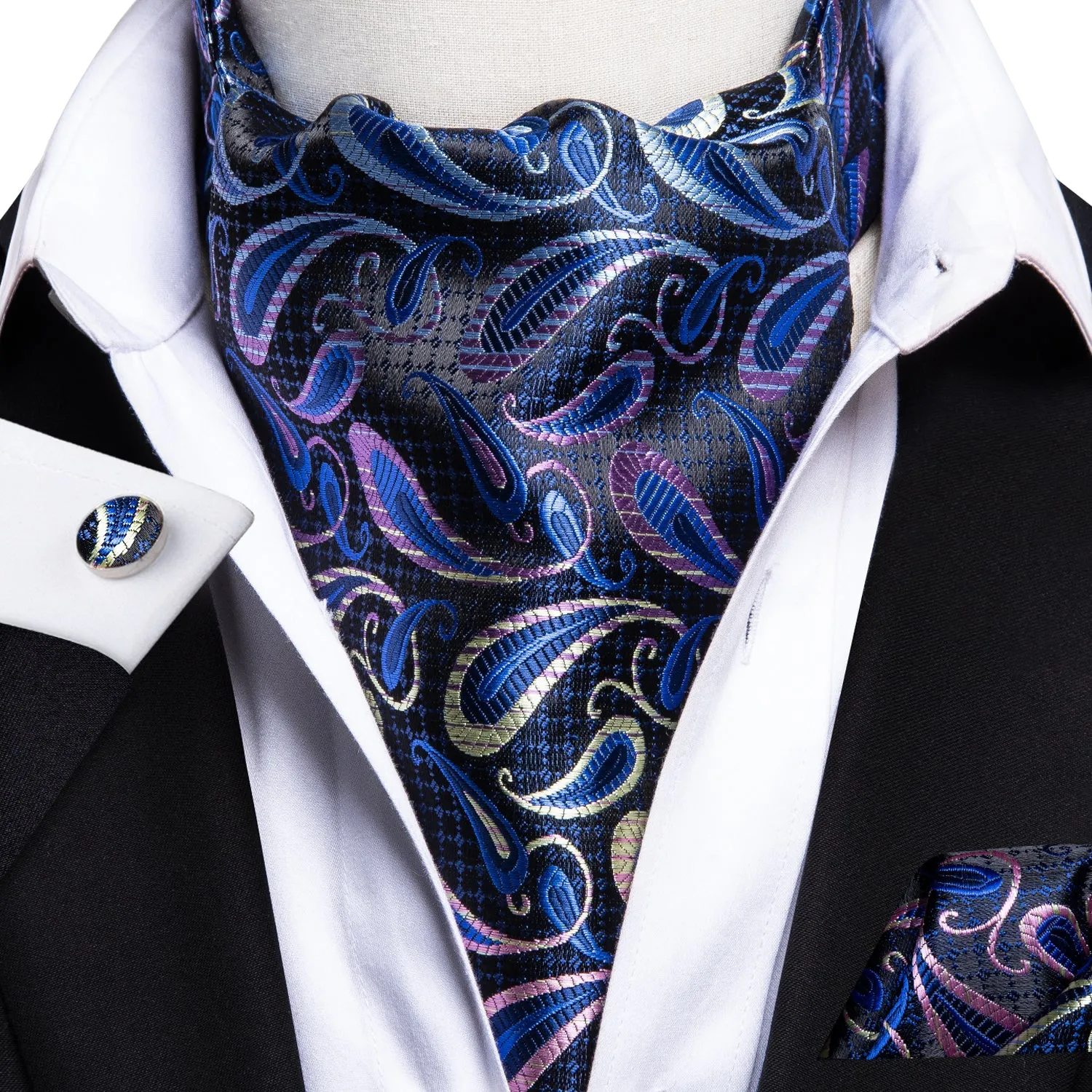 Blue Black Paisley Silk Ascot Pocket Square Cufflinks Set