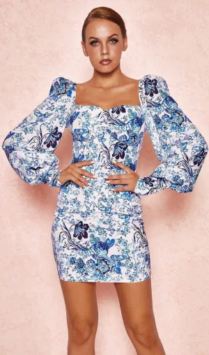 BLUE  PRINT PUFF SLEEVE  FLORAL MINI DRESS