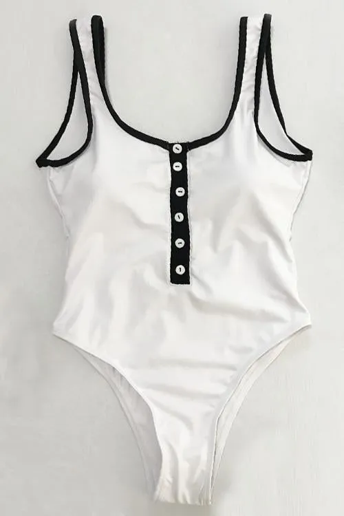 Button Patchwork Backless One-piece Swimwear