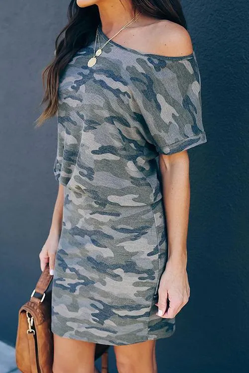 Camouflage Dew Shoulder Mini Dress