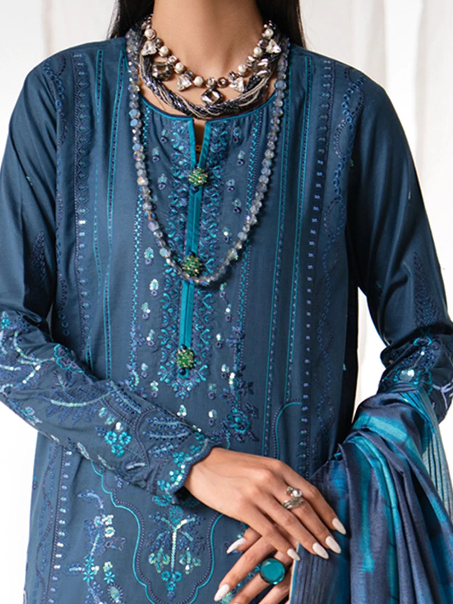 Casual Lite "Gul Posh" Embroidered Cotton Suit - Blue