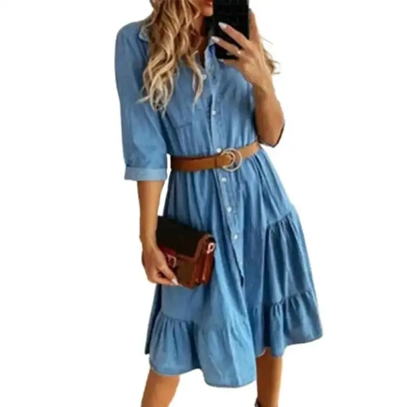 Classic Denim Casual Dress With Belt