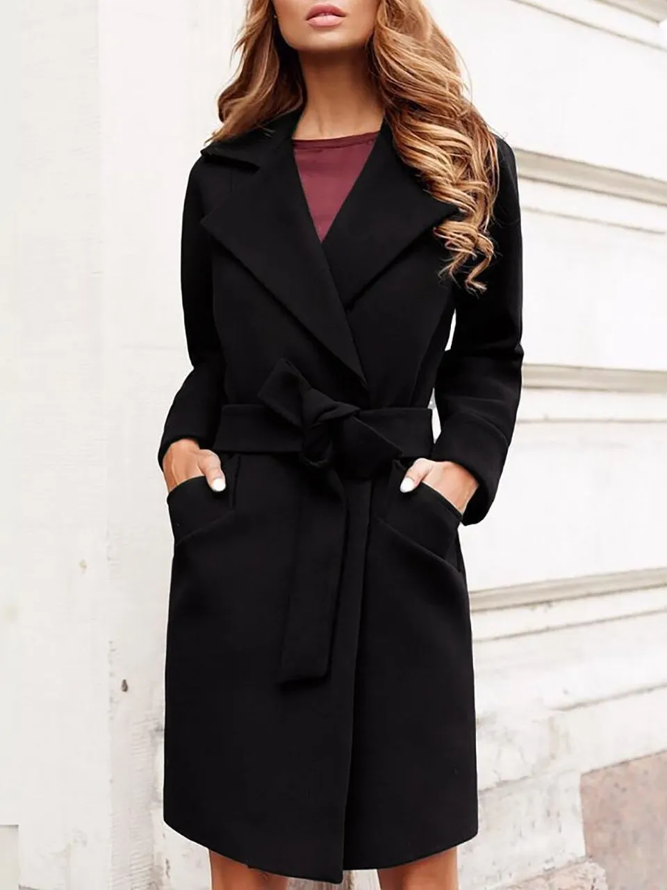 Coats Belt Pocket Lapel Mid-Length Woolen Coat for Women