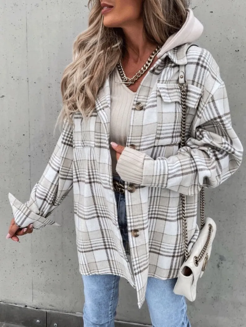 Coats Check Loose Long Sleeve Hooded Shirt Coat for Women