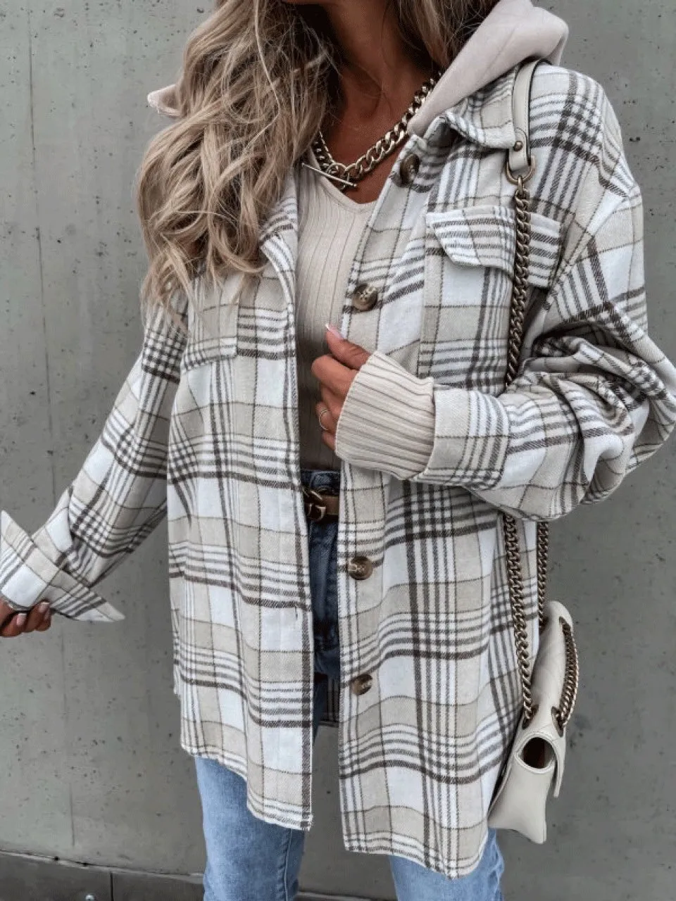 Coats Check Loose Long Sleeve Hooded Shirt Coat for Women