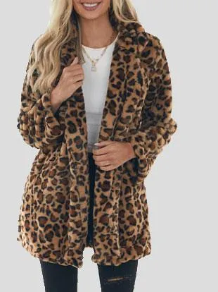 Coats Fashion Leopard Pocket Plush Coat for Women